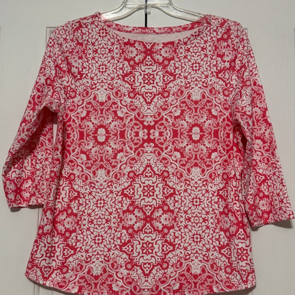 Charter Club Perfectly Soft 100% Pima Cotton Coral & White Printed Top, Size L